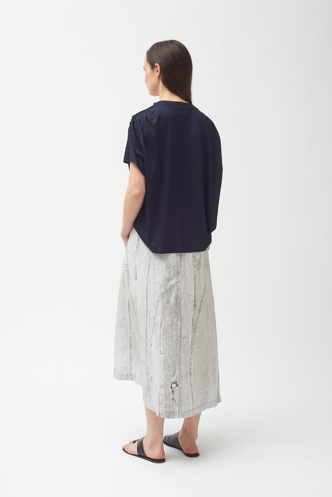 Seamed Denim Print Side Buckle Silk Skirt | Colovos