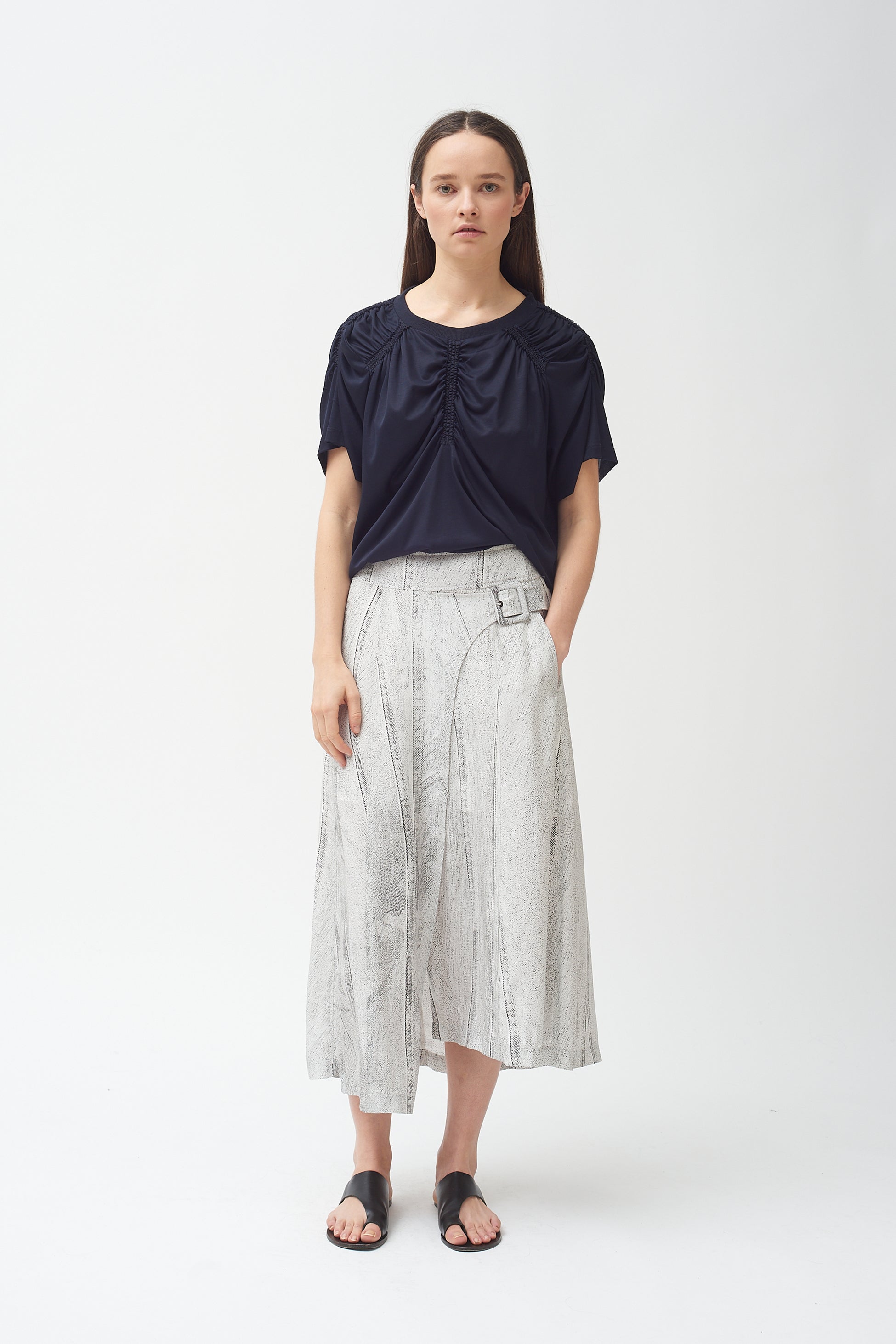 Seamed Denim Print Side Buckle Silk Skirt | Colovos